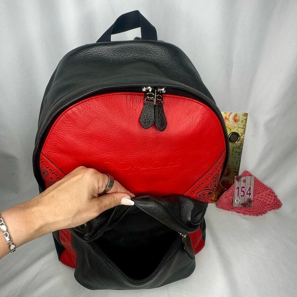 Coach Charles Leather Red and Black Backpack Bandana Design